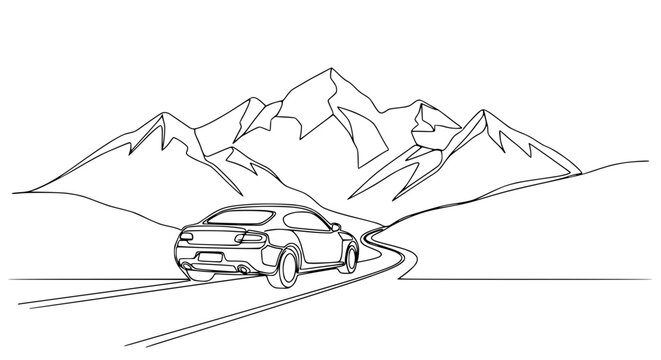 Car driving on winding mountain road, scenic landscape illustration