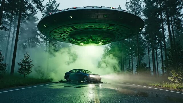 Alien UFO saucer hovering over car on dark forest road with green beam light. Abduction encounter scene