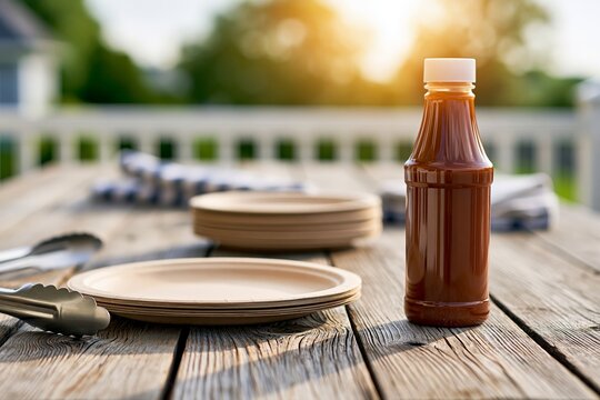 Rustic outdoor barbecue setup with bbq sauce bottle on wooden table at sunset