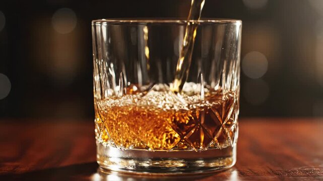 A stream of amber liquid is being poured into a cut-crystal rocks glass, creating a visually appealing and luxurious scene.