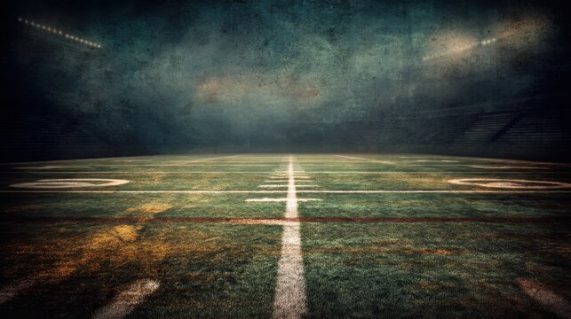 Distressed football field with gritty textures, faded lines, and a rough, moody look creating a raw, atmospheric sports scene.
