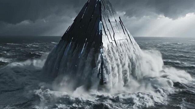 Giant metallic pyramid UFO emerging from stormy ocean waves. Dramatic and mysterious cinematic sci-fi scene with alien spacecraft