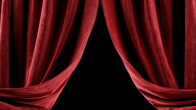 Dramatic red velvet stage curtains parting to reveal deep black void, luxurious folds and rich texture, cinematic spotlight reveal, vintage theater ambiance evoking anticipation and mystery