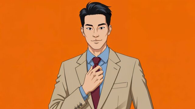 Sophisticated Businessman: A confident businessman with stylish appearance, smartly adjusting his tie, set against a vibrant orange backdrop, which embodying confidence and success.