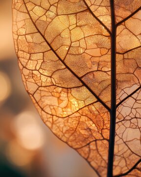 A close-up of a leaf showing intricate veins and texture with a warm, softly blurred autumn background in golden tones.