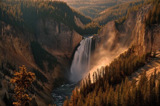 Golden sunset light illuminates Yellowstone's Lower Falls and canyon, surrounded by vivid autumn trees and misty air.