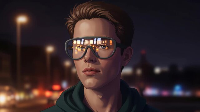 Night Vision: A young person with glasses stands against a dark, night scene, his lenses reflecting the city lights. An artistic, mood-evoking portrayal of urban nights and self-reflection.