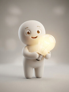 A cute, smiling cartoon character holding a glowing lightbulb, representing a brilliant idea or innovation