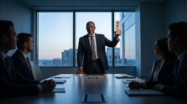 A formal group of people in suits in a meeting room with a trophy