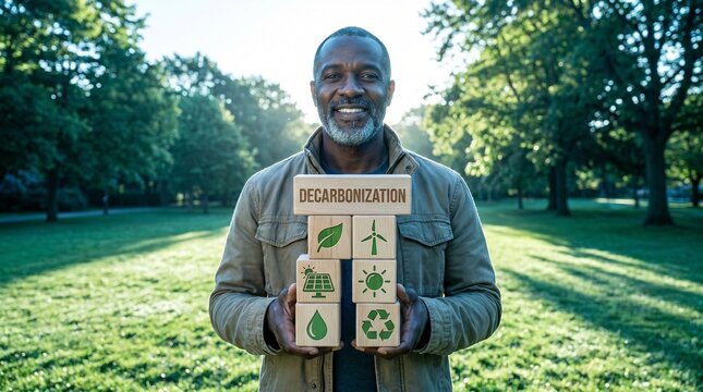A man holds blocks with the word decarbonization and sustainable energy icons
