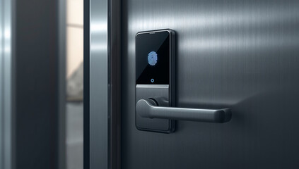 Naklejka premium 金属ドアに設置された指紋認証スマートロックの接写写真