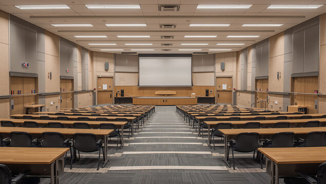 授業前の静かな大学講義室を後方から捉えた教育施設の風景