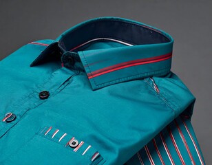 Naklejka premium Teal button-down shirt with a navy collar and red accent stripes, folded and angled against a gray backdrop