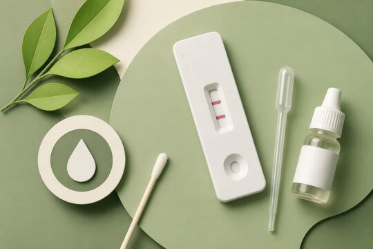 Home pregnancy test with pipette bottle and botanical leaves on green background for fertility and wellness concept
