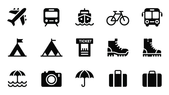 A Set of 16 Minimalist Black Icons Representing Travel, Transport, and Outdoor Adventure Activities
