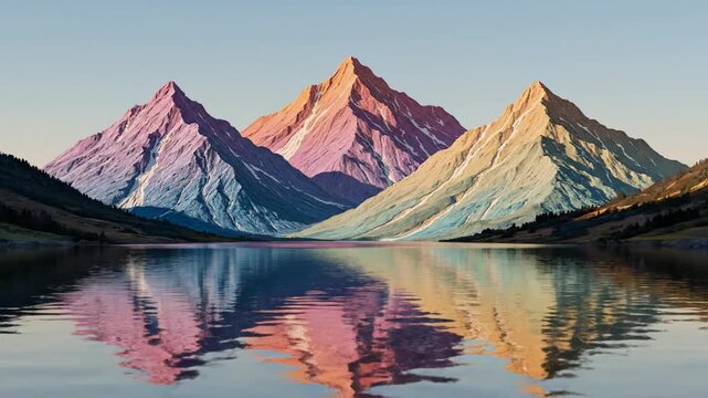 A surreal landscape showcases vibrantly colored mountains reflected in a calm lake, creating a dreamlike and artistic panorama.