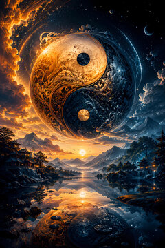 Epic Yin Yang symbol in cosmic space with galaxy and stars background