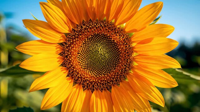 A close-up shot showcases the intricate details of a sunflower head, with its vibrant yellow petals beginning to unfurl against a backdrop of a clear blue sky.