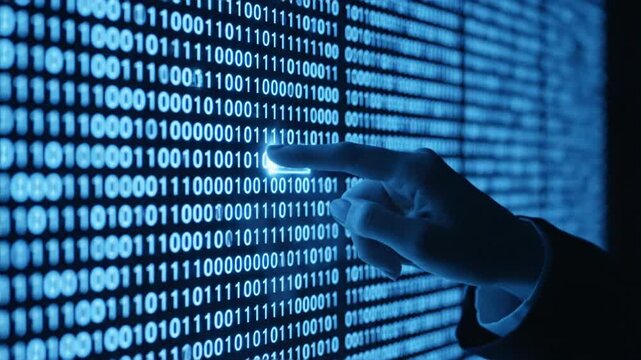 A close-up image depicts a hand interacting with a vibrant blue background composed of binary code, symbolizing digital technology and data manipulation.
