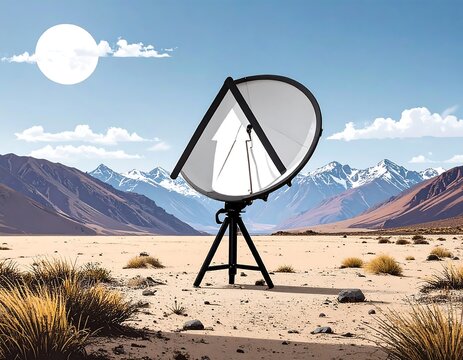 An illustration features a large parabolic reflector on a tripod in a desert landscape with distant mountains under a blue sky
