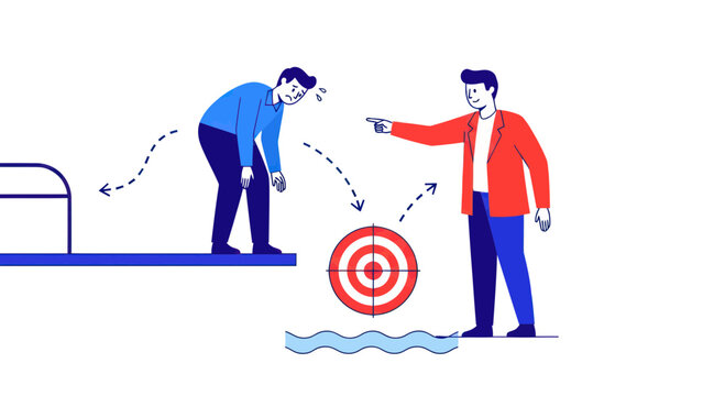 Man pointing at target, frustrated person on diving board, coaching, motivation