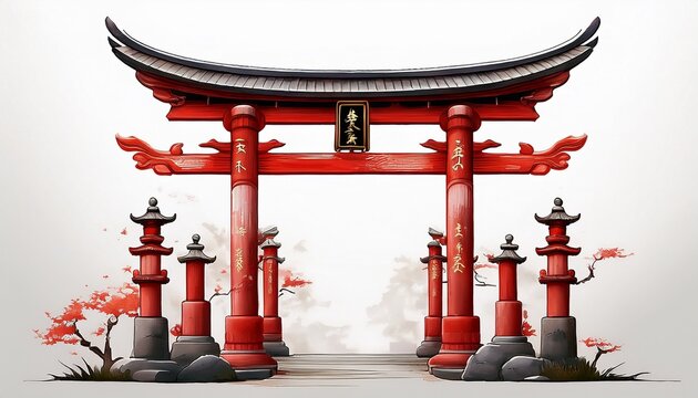 torii gate isolated on white background chinese temple gate generative ai
