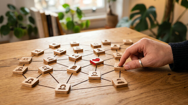 Hand making connections on a wooden board with heart symbol and profile icons