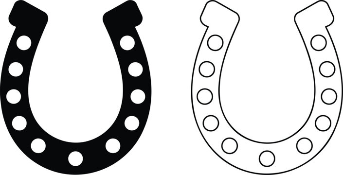 Pair of horseshoe featuring a solid black silhouette and a thin line outline isolated on a clean white background for equestrian projects