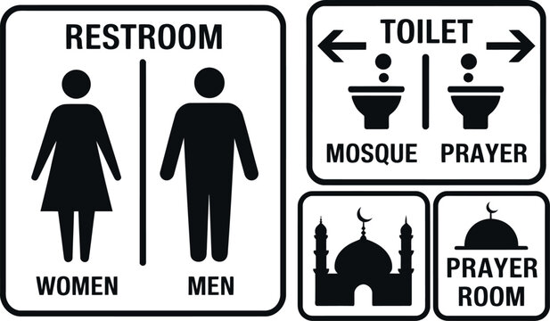 Restroom and prayer room signage set with gender and mosque symbols for clear wayfinding in public and religious facility areas