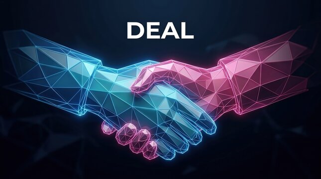 Digital Deal: Futuristic Wireframe Handshake Symbolizing Business Partnership