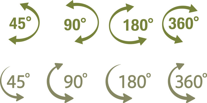 Set of circular rotation arrow showing degree angles for geometric movement or orientation instructions in a simple flat style