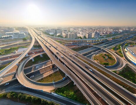 aerial drone top view photo of highway multilevel junction interchange road in urban populated area