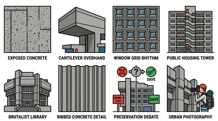 Fototapeta premium Brutalist Architecture Elements Illustration Set Featuring Concrete Structures and Urban Photography Concepts