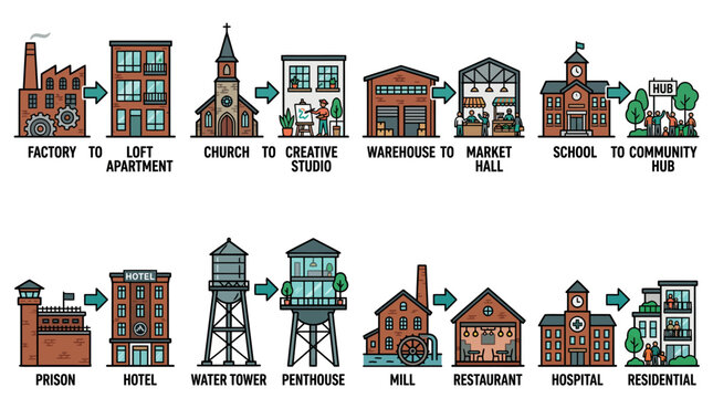 Adaptive Reuse and Building Conversion Concepts for Urban Renewal and Sustainable Architecture Illustration