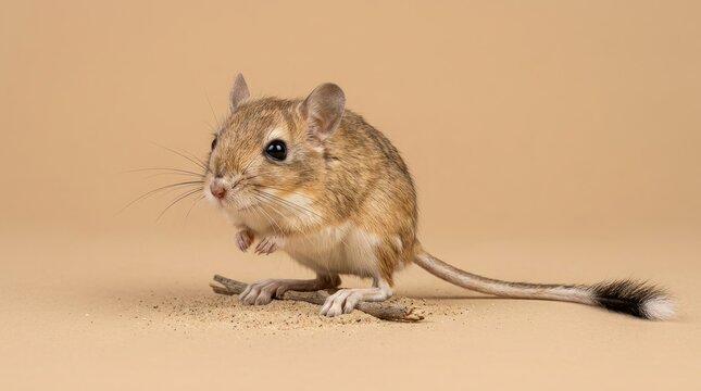 A Small Desert Jerboa Rodent with Long Tail on Beige Background.