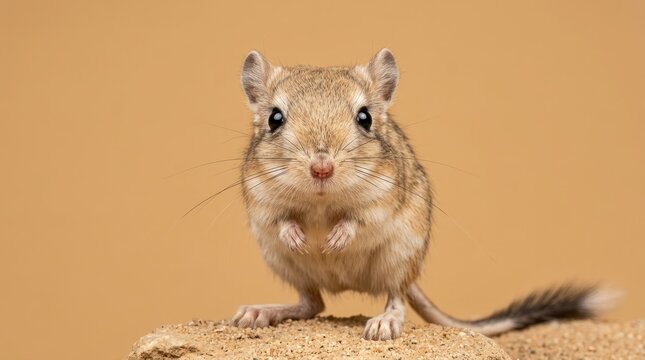A small gerbil stands on a textured surface with a plain background.