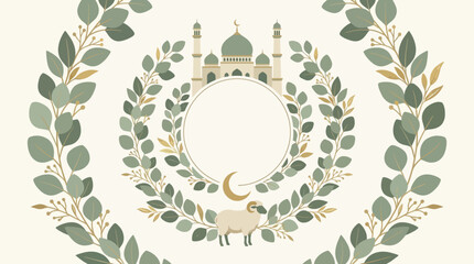 Islamic Ramadan Kareem greeting card design with mosque and floral wreath. © mizan