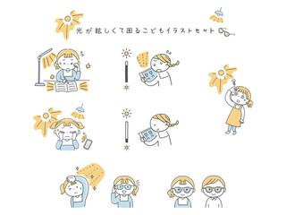 Fototapeta premium 視覚過敏で眩しい光が苦手な子供のイラストセット単色