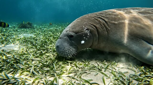 An underwater close-up captures a gentle manatee grazing on lush seagrass in a clear, turquoise ocean environment.