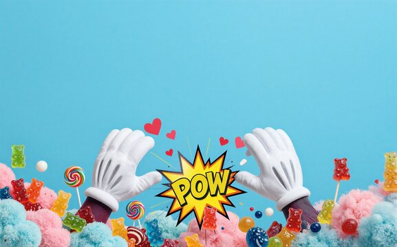 Mickey Mouse hands smash candy explosion on vibrant blue background.