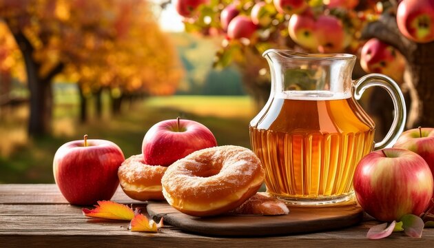 apple cider donuts apples and apple cider on a rustic table outside in the country during fall