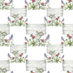 Watercolor seamless pattern with tablet and wildflower yarrow and lungwort and clover on white background. Flower milfoil for wedding. Meadow and board for wallpaper or wrapping. Art with copy space © NatashaKun