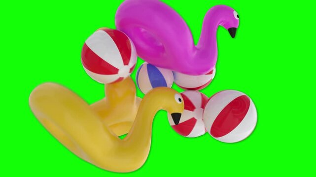 Summer transition overlay 3D inflatable flamingo pool floats and colorful beach balls falling on green screen, seasonal travel promos and social media ads
