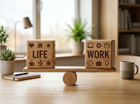 Balancing Life and Work with Wooden Blocks on a Scale.