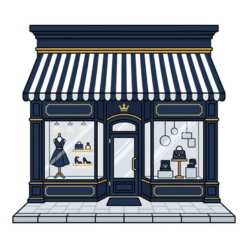 a luxury storefront with striped awning and display window