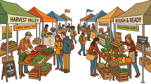 Vibrant Illustration of a Bustling Local Farmers Market with Fresh Organic Produce and Community Shopping