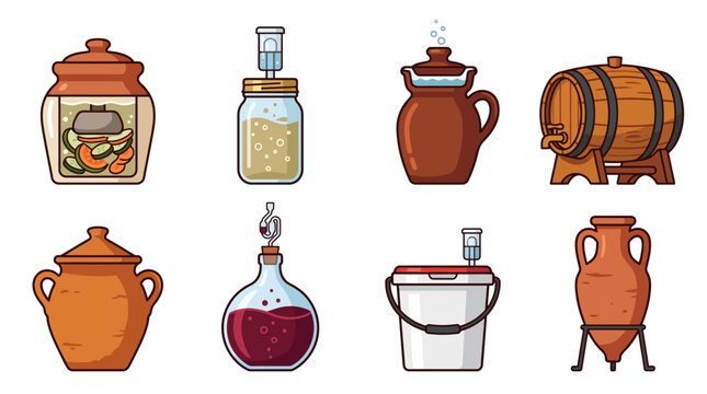 Fermentation and Food Preservation Vessels Icons Set for Brewing Pickling Wine Making and Storage