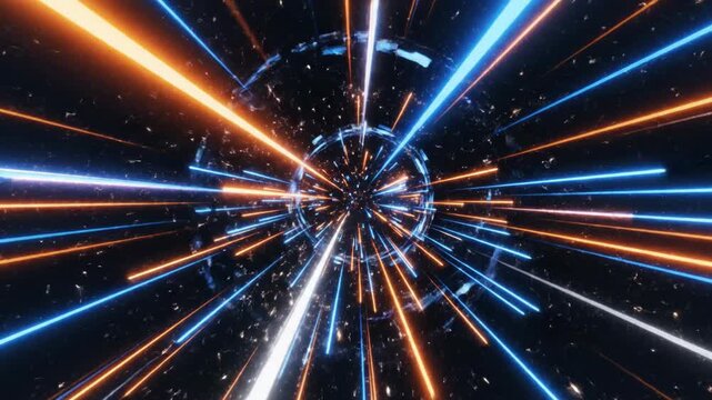 A dynamic abstract image showcases intersecting lines of vibrant orange and blue light against a dark background, creating a sense of motion and futuristic energy.