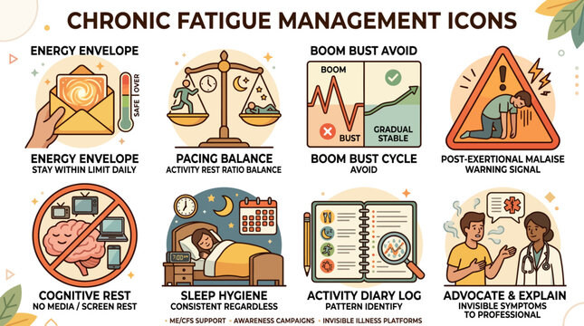 Chronic Fatigue Management Icons for ME/CFS Pacing Energy Envelope and Invisible Illness Support Infographic