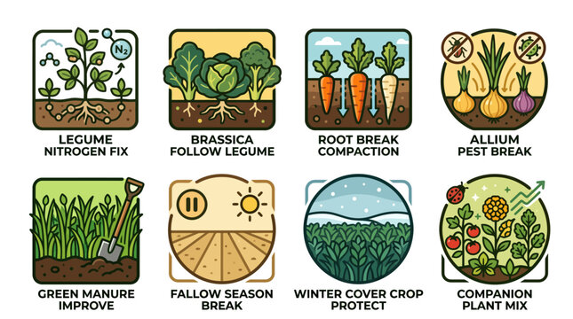 Sustainable Agriculture Infographic Illustrating Crop Rotation Soil Health Organic Farming Practices and Gardening Techniques